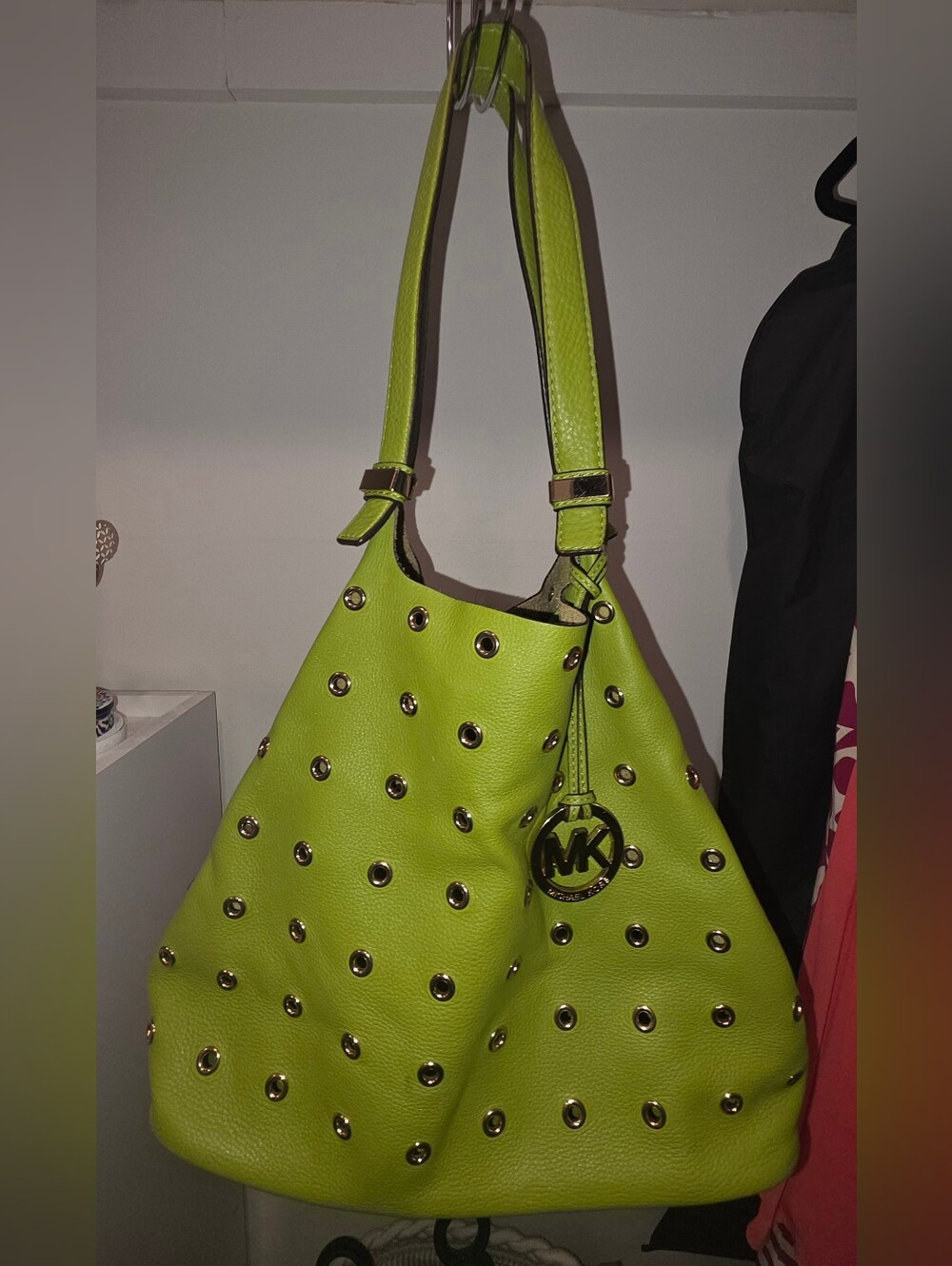 Michael Kors Lime Green Grommet Leather Shoulder Bag